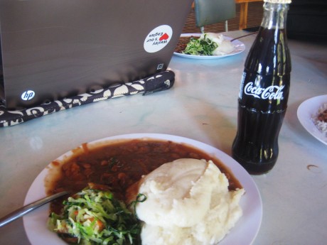 our last meal at AU- sadza, beans, greens, and a coke